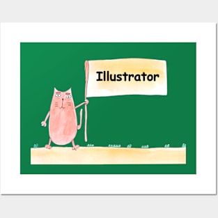 Illustrator. Profession, work, job. Cat shows a banner with the inscription. Watercolor illustration. A gift for a professional. Posters and Art